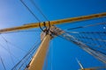 Ropes rigging masts and stays on traditional sailing ship