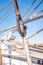 Ropes rigging masts and stays on traditional sailing ship