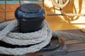 Ropes for sail control on metal holders, details of the device of a yacht, board of a sailing ship Royalty Free Stock Photo