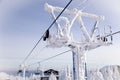 Closeup ropes of ski lift, cable car funicular with pillar on th