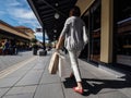 Rear view of single woman walking on the alley with multiple stores at the