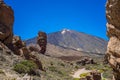 Roque Cinchado rock formation in front of Teide volcano Royalty Free Stock Photo