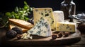 Roquefort cheese: a marbled wonder with a crumbly texture, vivid blue veins contrast the ivory base Royalty Free Stock Photo