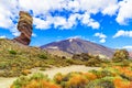 Roques de Garcia formation and Teide mountain volcano in Teide National Park, Tenerife, Canary Islands, Spain.