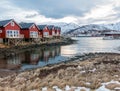 Rorbu holiday houses in Stokmarknes on Hadseloya, Vesteralen, Nordland, Norway Royalty Free Stock Photo