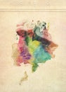 Rorschach. Red, purple, orange, blue, green and yellow watercolor painting on old paper. Vintage style. Abstraction background. Royalty Free Stock Photo