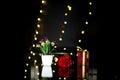 Rosa con planta y caja de regalo con efecto bokeh