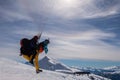 The snowboarders, skiers in action at the mountains.Paraglider with an instructor.