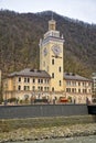 Rosa Khutor, Mzymta River. Town Hall, main square. Ski resort. Russia Sochi Krasnaya polyana. 25/04/2021 am 11:50