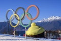 ROSA KHUTOR, RUSSIA - JANUARY 21, 2023: Olympic Rings at the venue of the ski competitions of the 2014 Winter Olympics Royalty Free Stock Photo