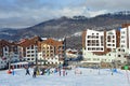 Rosa Khutor, Sochi, Russia, January, 26, 2018. People skiing near hotel `Rosa Skinn` and `Rosa Springs` in Olympic village on Ros