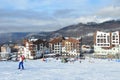 Rosa Khutor, Sochi, Russia, January, 26, 2018, People skiing near hotel `Rosa Skinn` in Olympic village on Rosa Khutor ski resort