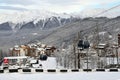 Rosa Khutor, Sochi, Russia, January, 26, 2018.Russia, Sochi ski resort `Rosa Khutor`. Cabins of the cable railway `Olimpia` over O Royalty Free Stock Photo