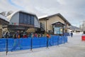 Rosa Khutor, Sochi, Russia, January, 26, 2018. Sochi, skiers and snowboarders at the bottom station of the cableway `Reserved fore Royalty Free Stock Photo