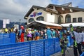 Rosa Khutor, Sochi, Russia, January, 26, 2018. Sochi, skiers and snowboarders at the bottom station of the cableway `Reserved fore Royalty Free Stock Photo