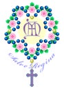 Rosary beads interwoven in the wreath of roses, with a monogram in the middle, and the inscription Salve Regina