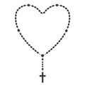 Rosary beads silhouette. Prayer heart shaped jewelry for meditation. Catholic chaplet with a cross. Religion symbol
