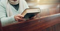 Rosary, bible or hands of woman in church for God, holy spirit or religion with faith in Christian cathedral. Jewelry Royalty Free Stock Photo