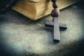 Rosary and Bible. Selactive focus on cross. Christianity, religion, faith concept Royalty Free Stock Photo