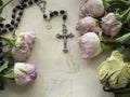 Rosary and roses, top view Royalty Free Stock Photo