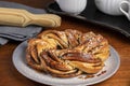 Roscon de reyes Kringle Estonia. Typical Christmas sweet, braided sponge cake with cinnamon, butter, walnuts or almonds and icing
