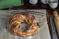 Roscon de reyes Kringle Estonia. Typical Christmas sweet, braided sponge cake with cinnamon, butter, walnuts or almonds and icing