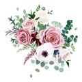 Rose, anemone, pale flowers vector design wedding bouquet