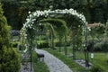 Rose arches along the garden path. Entrance to the rosarium