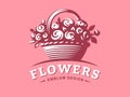 Rose basket logo - vector illustration, emblem on pink background