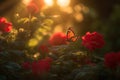 Rose blooming, butterflies dance. Colorful garden., generative IA