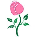 Rose blooming icon. Vector illustration of a rose bud with leaves. Hand drawn beautiful rose flower