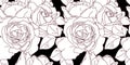 Rose blossom flower and buds in bloom seamless tile pattern in black and white. Hand drawn realistic detailed vector