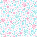 Rose and blue sweet Sprinkles seamless pattern. pearl sugar, candy, lollipop, hearts, icing