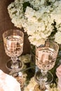 Rose blush wine in glasses. Bottle of rose wine with flowers on background. Prosecco Royalty Free Stock Photo