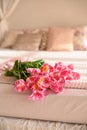 Rose bouquet. Soft focus of a Rose bouquet on a bed, romantic, honeymoon and Valentine`s concept Royalty Free Stock Photo