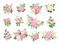 Rose bouquets. Red, white and pink roses, flower elements with green leaves and buds. Watercolor wedding floral romantic Royalty Free Stock Photo