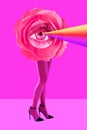 Rose bud, eyes and women`s beautiful legs in acid color tights and high heels shoes on a colorful background. Disco Royalty Free Stock Photo