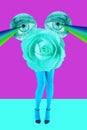 Rose bud, eyes and women`s beautiful legs in acid color tights and high heels shoes on a colorful background. Disco Royalty Free Stock Photo