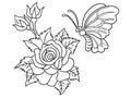 rose and butterfly outline for antistress coloring book Royalty Free Stock Photo