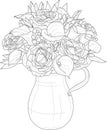 Rose and calla lilies flower bouquet with leaves in vase sketch. Vector illustration in black and white. Royalty Free Stock Photo