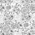 Rose camellia chrysanthemum leaves daisy mallow calendula hand drawn pattern on white