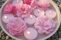 Rose candles.Pink burning candles and pink roses in water.Aromatherapy and spa.Candle flame. candles set Royalty Free Stock Photo