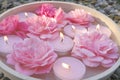 Rose candles.Pink candles and pink roses in water.Aromatherapy and spa.Candle flame. Candles background.Burning candles Royalty Free Stock Photo