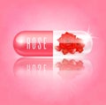 Rose in capsule collagen vitamin red. Medical concepts and health supplements.
