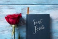 Rose, catalan flag, book and text Sant Jordi Royalty Free Stock Photo