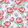 Rose and chamomile flower hand drawing seamless pattern, vector floral background, floral embroidery ornament. Drawn buds pink ros Royalty Free Stock Photo