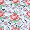 Rose and chamomile flower hand drawing seamless pattern, vector floral background, floral embroidery ornament. Drawn buds pink ros Royalty Free Stock Photo
