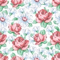 Rose and chamomile flower hand drawing seamless pattern, vector floral background, floral embroidery ornament. Drawn buds pink ros Royalty Free Stock Photo