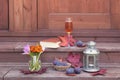 Rose champagne, book, lantern, figs, helenium and and autumn crocuses on steps of rustic wooden ladder