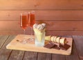 Rose champagne, chocolate ice cream, dark chocolate  and empty waffle cones.  Selective focus Royalty Free Stock Photo